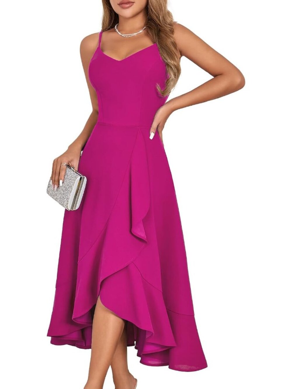 Women's Sleeveless Cocktail Dress Rose Formal Church High Low Ruffle Dress